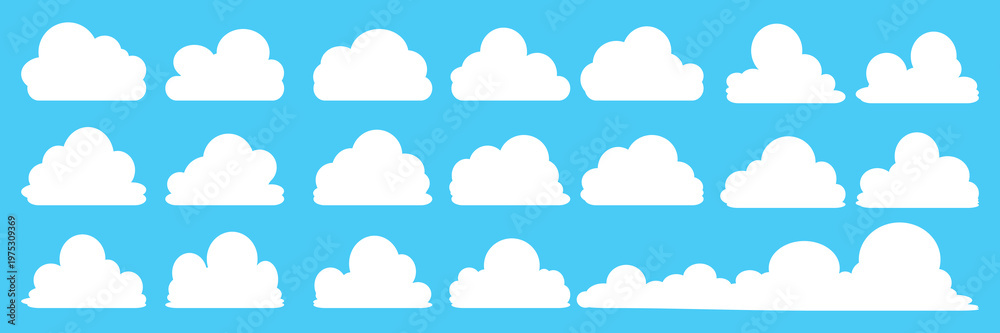 Fototapeta premium set of vector illustrations of clumpy clouds, cloud bubbles in flat style on a blue background