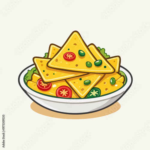 A colorful illustration of a bowl of delicious nachos with cheese, tomatoes, and jalape?os, ready to eat.