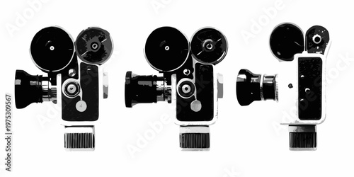 Vintage super 8 film cameras displayed in a black and white composition
