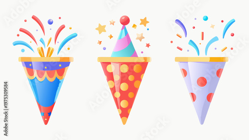 Colorful party poppers with confetti and star shaped decorations displayed