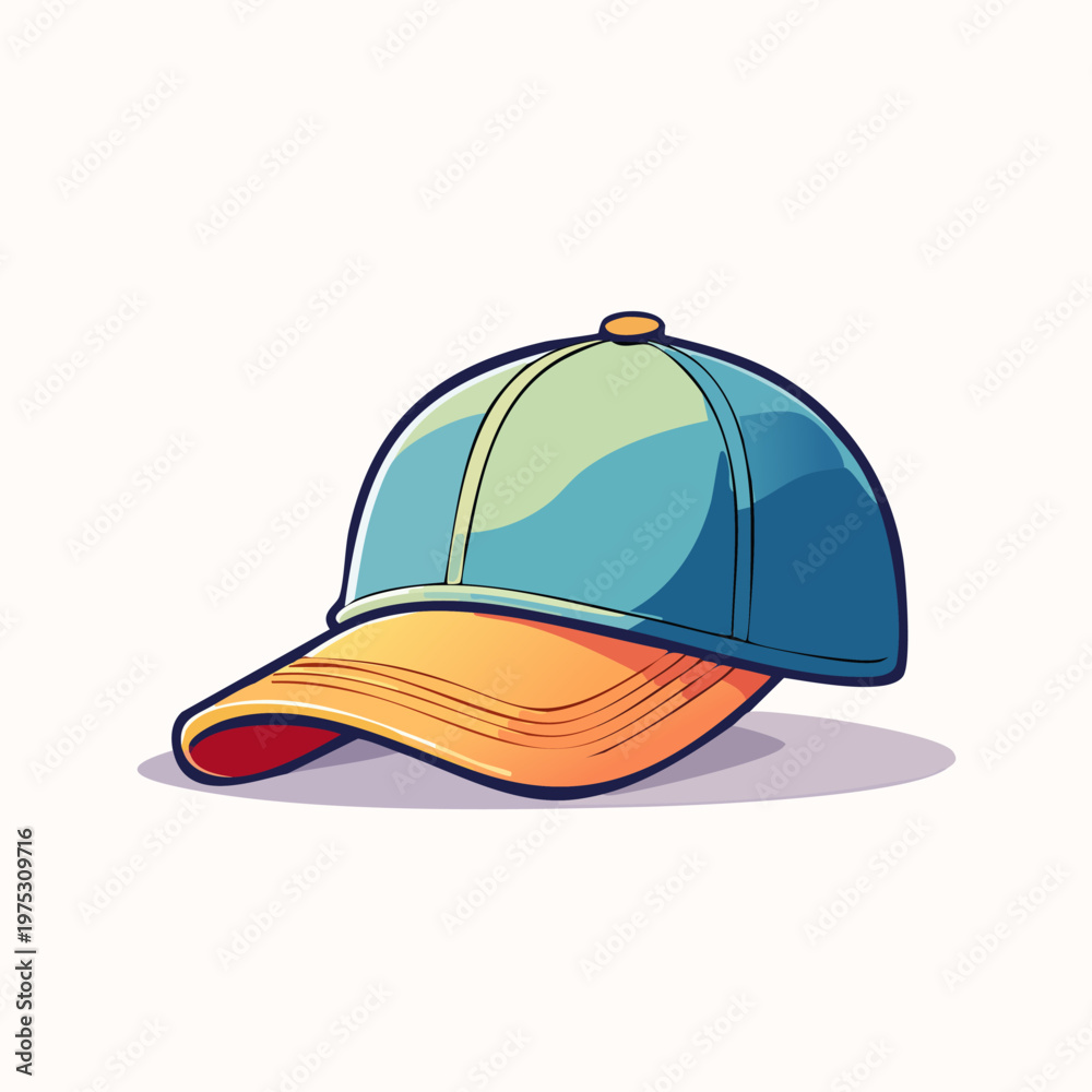 Fototapeta premium Colorful cartoon baseball cap with blue and orange design on a plain white background.
