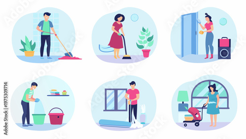 Illustrations depict people performing various household chores in colorful settings