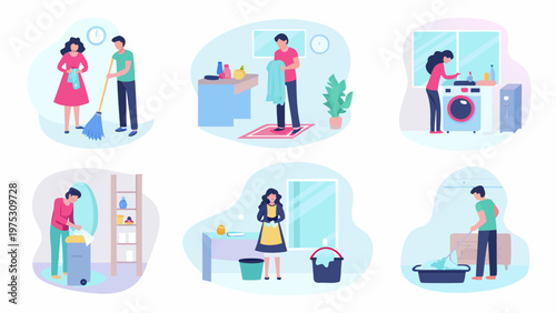 Illustrations depict people performing various household chores in modern homes