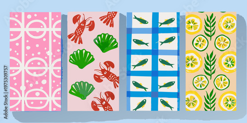 Colorful illustrated bookmarks with marine life and citrus patterns displayed