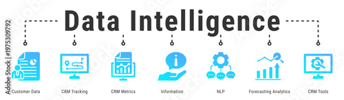 Data Intelligence web banner icon vector illustration featuring Customer Data, CRM Tracking, CRM Metrics, Information, NLP and Forecasting Analytics