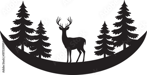 Black silhouette of a stag standing in a forest clearing with pine trees and a crescent moon shape