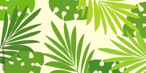Leaves background with summer fun design concept, abstract illustration with exotic jungle leaves, colorful design, summer background, tropical leaves.Tropical leaf background, palm leaves, monstera