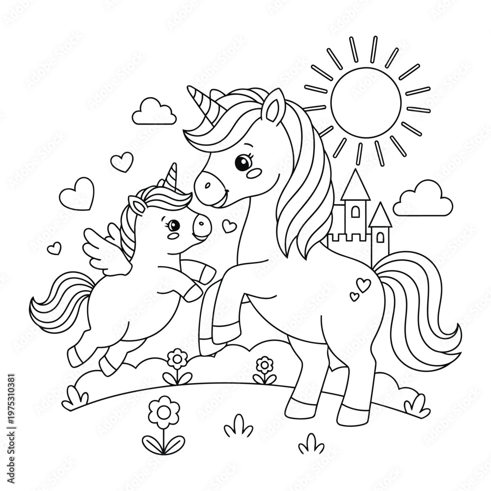 Fototapeta premium Unicorn mother and flying baby with wings in magical castle scene for kids coloring page