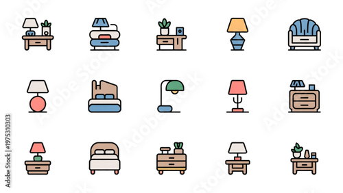 Bedroom Furniture Icons 28 Line Flat Color Symbols Nightstand Lamp Vector Set