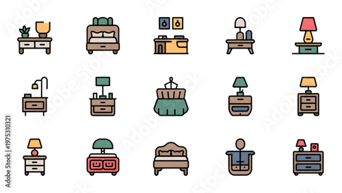 Bedroom Furniture Icons 28 Line Flat Color Symbols Nightstand Lamp Vector Set