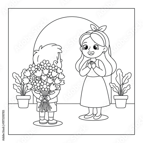 Mother day child hiding flowers surprise for happy mom cute kids coloring page