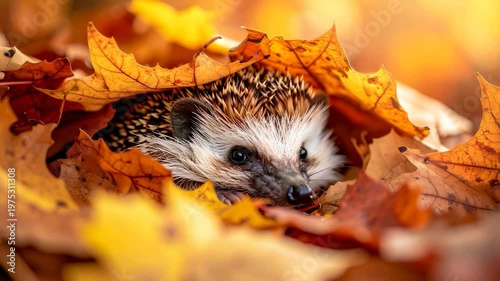A hedgehog peers from golden fall leaves, eyes visible
