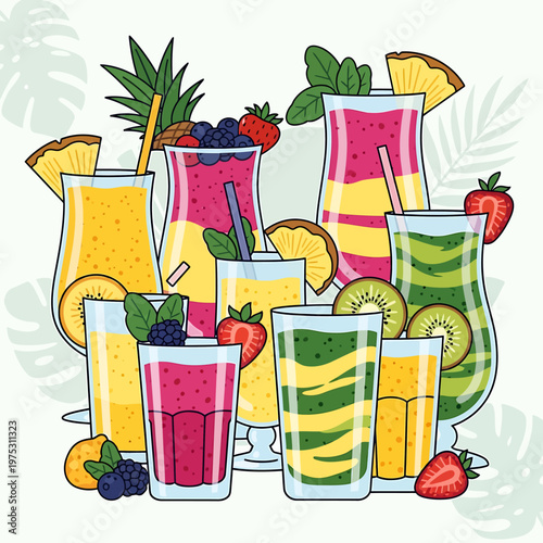 Vector illustration featuring various refreshing fruit smoothies served in glasses with tropical fruit slices and berries for summer season refreshment