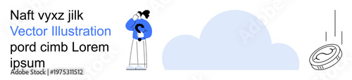 Finance, savings, future planning, decision-making, technology, cloud storage. Person holding a question mark near a cloud and a descending coin. Finance and savings concept