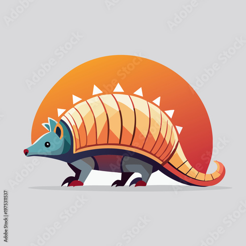 Cute cartoon armadillo illustration with a vibrant orange sun-like background.