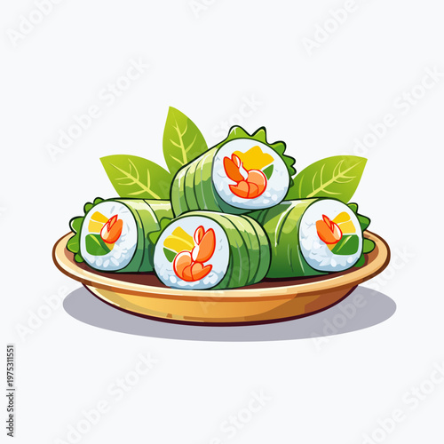 Freshly prepared spring rolls with shrimp, mango, and rice, served on a plate with green leaves