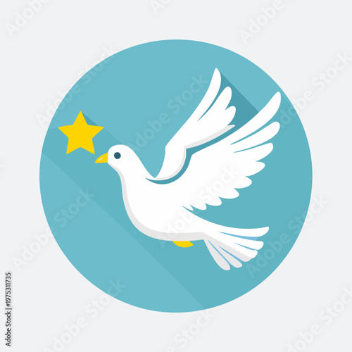 White dove with a yellow star in a blue circle, symbolizing peace and hope in flat design.