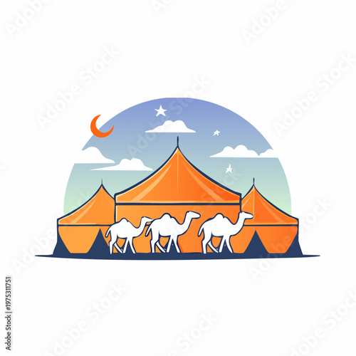 Illustration of desert tents with camels walking under a night sky with moon and stars.
