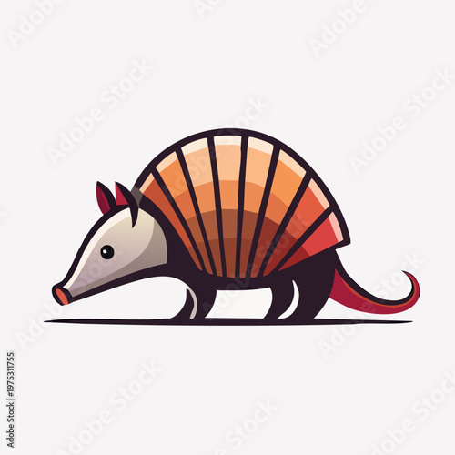 A stylized illustration of an armadillo with an orange and red segmented shell on a plain white background.