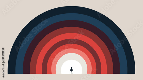 Minimalist person walking through red and blue archways, minimalist red archway, geometric shapes