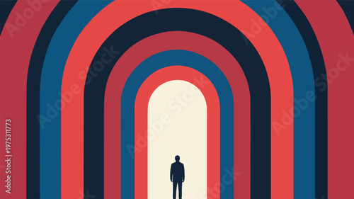 Minimalist silhouette of a person walking through colorful geometric archways