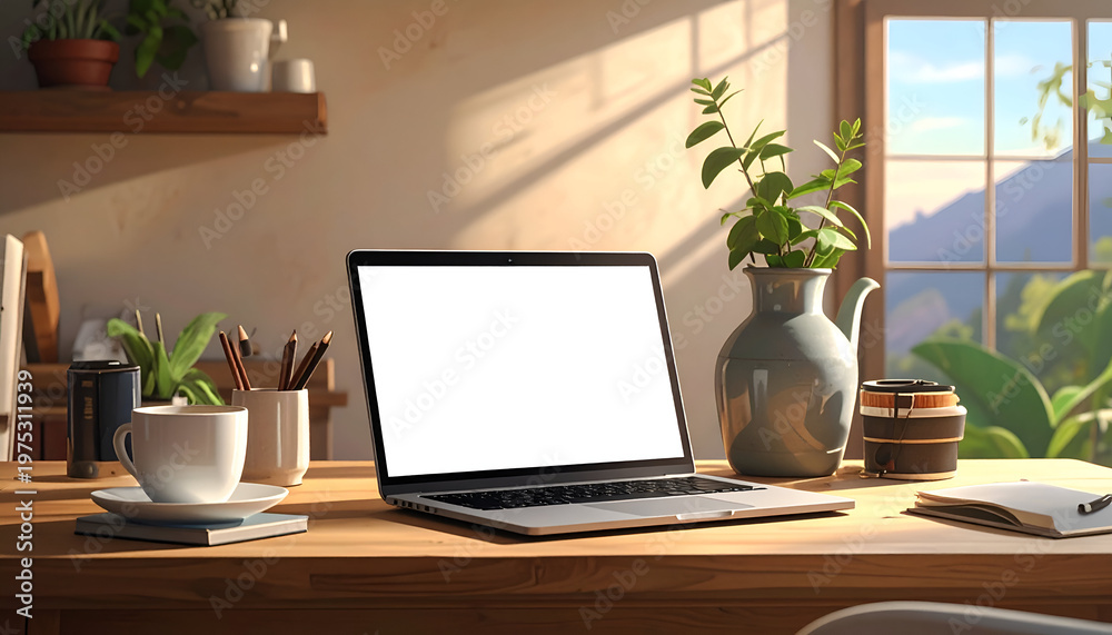 Fototapeta premium Sunny home office desk with a laptop, coffee, plants, and a window view