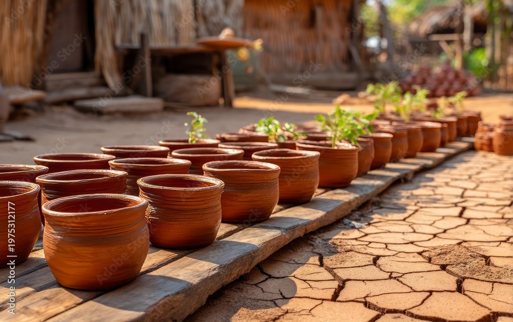 Naklejka premium Handcrafted Pottery Drying on a Rural Yard in a Sunlit Scene