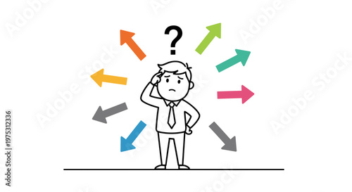 Confused businessman standing amidst colorful arrows pointing in different directions symbolizing indecision and choice