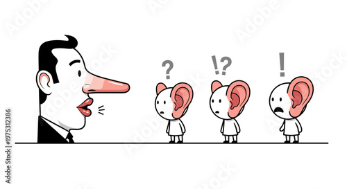 Man with long nose telling a story to confused small characters with big ears concept of deception and misunderstanding