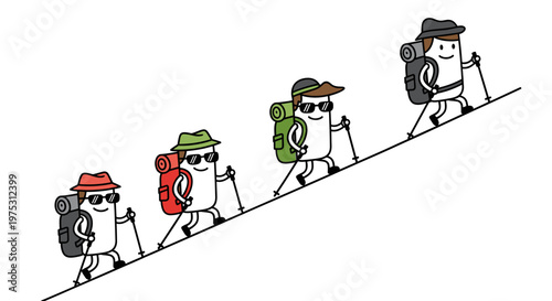 Cartoon hikers with backpacks and trekking poles ascend a steep isolated incline representing teamwork journey