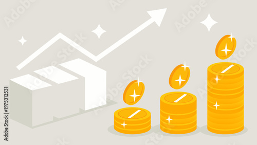Growth of wealth illustrated with coins stacks and an upward trend
