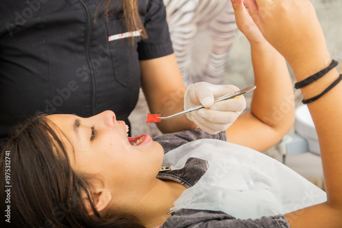 Obraz na plátne dental professional placing gel on young patient's teeth