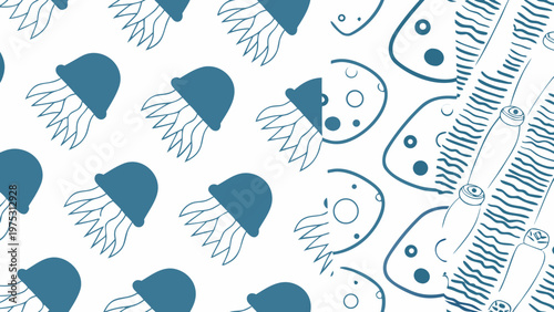 Whimsical blue jellyfish and sea creature pattern on a white background