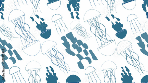 Seamless pattern featuring delicate line drawings of various jellyfish