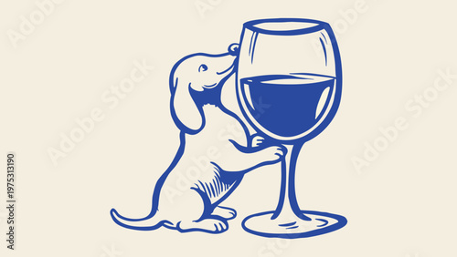 A playful dachshund curiously investigates a large glass of dark liquid