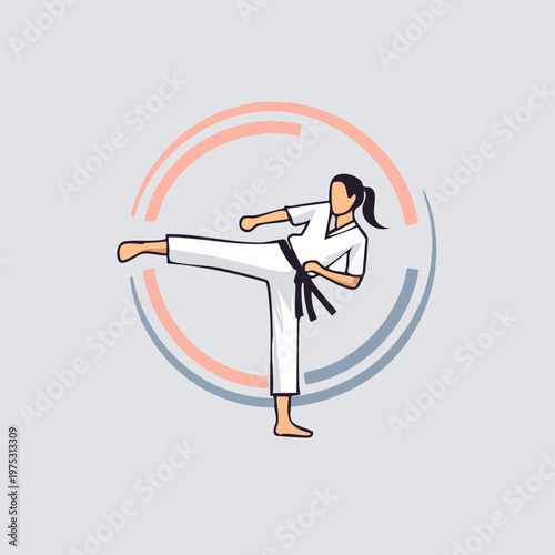 Woman performing a high kick in a martial arts uniform with a black belt, illustration.