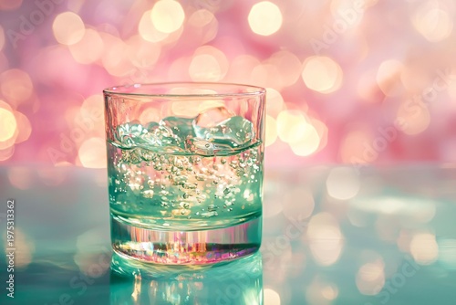 Refreshing Glass of Sparkling Water with Ice Cubes and Bokeh Background