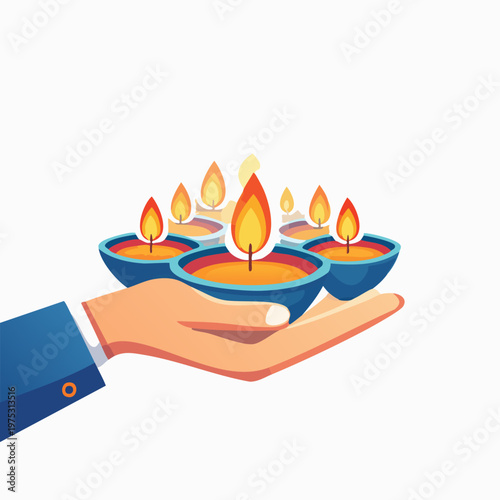 A human hand gently holds a collection of glowing oil lamps, symbolizing light and celebration.