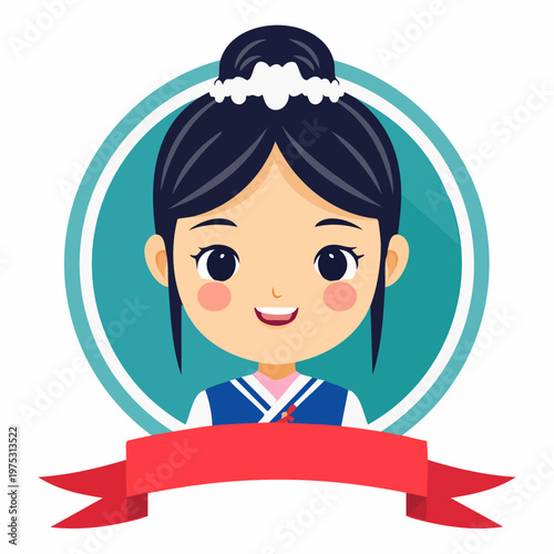 Cute cartoon illustration of a smiling young woman in traditional attire with an empty red banner.