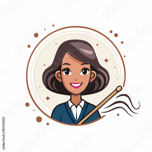Smiling female character illustration holding a stick in a decorative circular frame.
