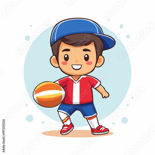 Cute cartoon boy playing basketball with a happy expression on a simple background