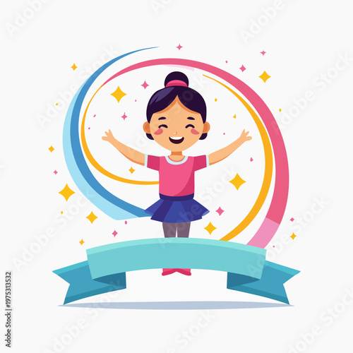 Happy cartoon girl with open arms celebrating success or achievement with colorful elements and a ribbon banner