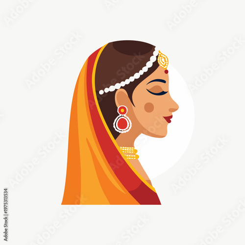 Elegant illustration of a woman in traditional attire with ornate jewelry and a colorful head covering.