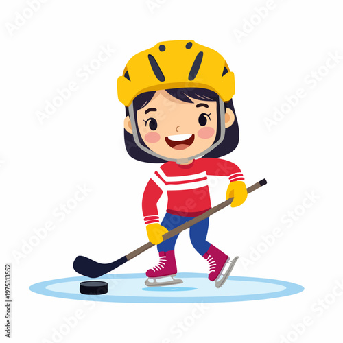 A happy cartoon girl playing ice hockey with a stick and puck on the ice.