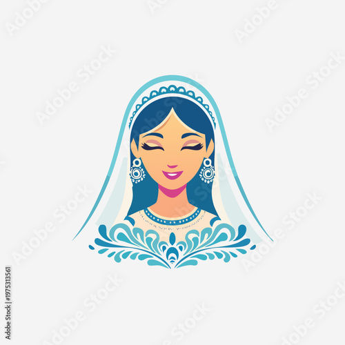 Illustration of a woman with a serene expression wearing a decorative veil and traditional attire.