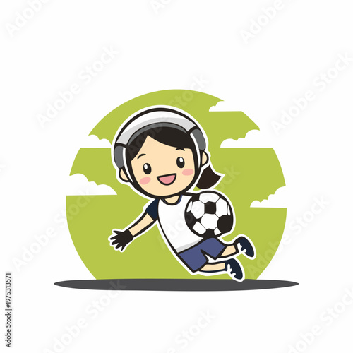 A cheerful cartoon girl in a helmet and gloves plays soccer with a ball on a green background.