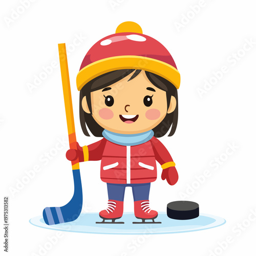 A cheerful cartoon girl in winter attire, wearing a hat and ice skates, holding a hockey stick with a puck.