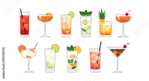 "Colorful Cocktail Glasses Set with Lime, Mint, Pineapple, and Cherry Garnishes for Drinks, Beverages, and Party Graphics"