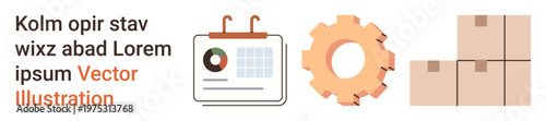 Business planning, supply chain, logistics, productivity tools, workflow, organization. A calendar, gear and boxes in minimalist style. Business planning and supply chain icons