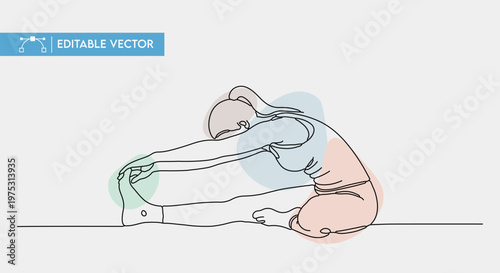 Minimalist line art vector illustration of a fit woman performing a seated forward fold yoga pose.